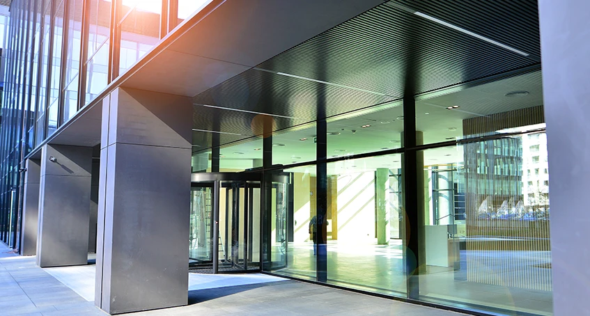 Modern Commercial Glass and Doors at Office Building Entrance